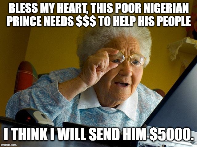 WHY do people still fall for this??? | BLESS MY HEART, THIS POOR NIGERIAN PRINCE NEEDS $$$ TO HELP HIS PEOPLE; I THINK I WILL SEND HIM $5000. | image tagged in memes,grandma finds the internet | made w/ Imgflip meme maker
