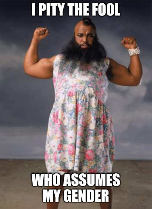 Cross dresser | I PITY THE FOOL WHO ASSUMES MY GENDER | image tagged in cross dresser | made w/ Imgflip meme maker