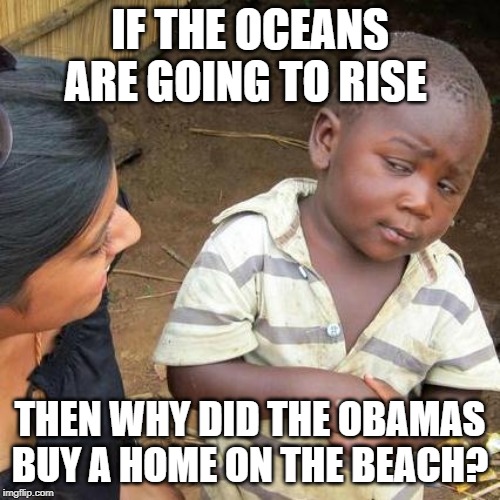 Third World Skeptical Kid |  IF THE OCEANS ARE GOING TO RISE; THEN WHY DID THE OBAMAS BUY A HOME ON THE BEACH? | image tagged in memes,third world skeptical kid | made w/ Imgflip meme maker