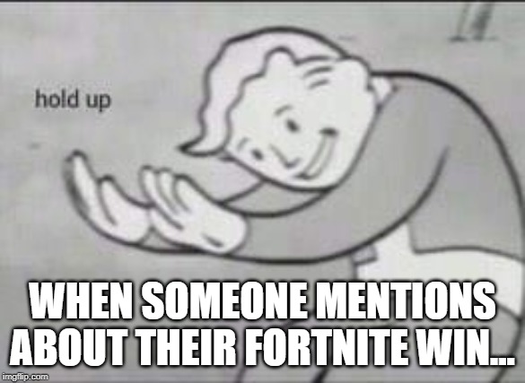 Fallout Hold Up | WHEN SOMEONE MENTIONS ABOUT THEIR FORTNITE WIN... | image tagged in fallout hold up | made w/ Imgflip meme maker