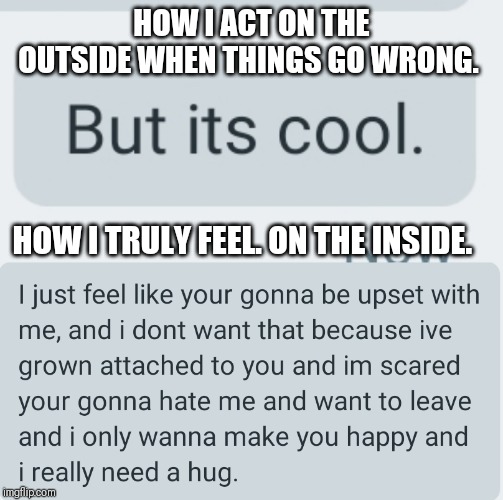 When i try to make the girlfriend happy, and fail on the outside vs the inside. | HOW I ACT ON THE OUTSIDE WHEN THINGS GO WRONG. HOW I TRULY FEEL. ON THE INSIDE. | image tagged in sad,upvote,please,help | made w/ Imgflip meme maker