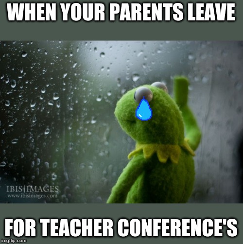 kermit window | WHEN YOUR PARENTS LEAVE; FOR TEACHER CONFERENCE'S | image tagged in kermit window | made w/ Imgflip meme maker