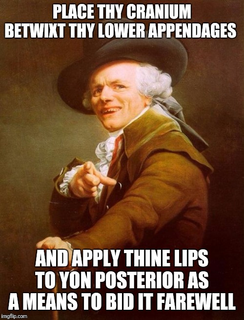 Joseph Ducreux Meme | PLACE THY CRANIUM BETWIXT THY LOWER APPENDAGES; AND APPLY THINE LIPS TO YON POSTERIOR AS A MEANS TO BID IT FAREWELL | image tagged in memes,joseph ducreux | made w/ Imgflip meme maker