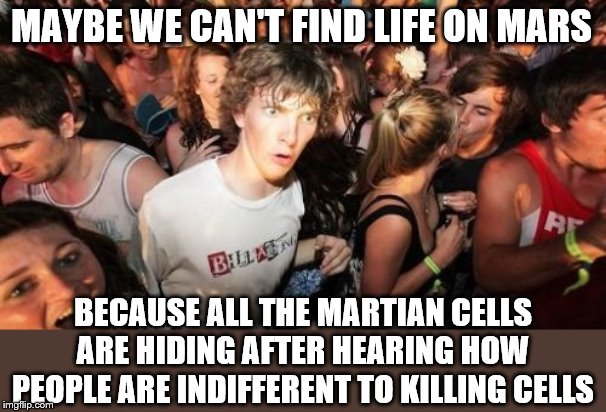 Sudden Clarity Clarence Meme | MAYBE WE CAN'T FIND LIFE ON MARS BECAUSE ALL THE MARTIAN CELLS ARE HIDING AFTER HEARING HOW PEOPLE ARE INDIFFERENT TO KILLING CELLS | image tagged in memes,sudden clarity clarence | made w/ Imgflip meme maker