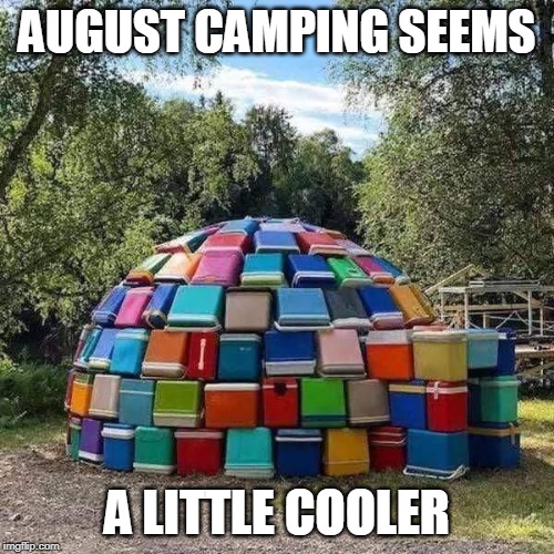 Bring Ice | AUGUST CAMPING SEEMS; A LITTLE COOLER | image tagged in puns,cool story bro,ice,cooler,weather,seasons | made w/ Imgflip meme maker