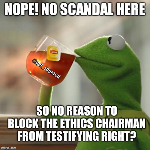 But That's None Of My Business | NOPE! NO SCANDAL HERE; @get_rogered; SO NO REASON TO BLOCK THE ETHICS CHAIRMAN FROM TESTIFYING RIGHT? | image tagged in memes,but thats none of my business,kermit the frog | made w/ Imgflip meme maker
