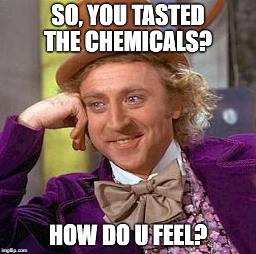 Creepy Condescending Wonka | SO, YOU TASTED THE CHEMICALS? HOW DO U FEEL? | image tagged in memes,creepy condescending wonka | made w/ Imgflip meme maker