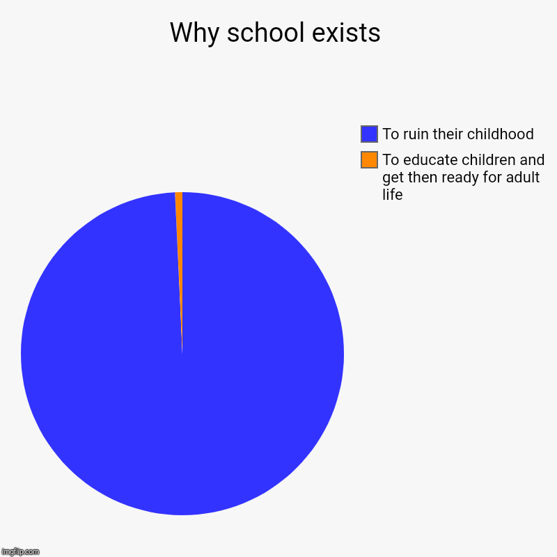 Why school exists | To educate children and get then ready for adult life, To ruin their childhood | image tagged in charts,pie charts | made w/ Imgflip chart maker