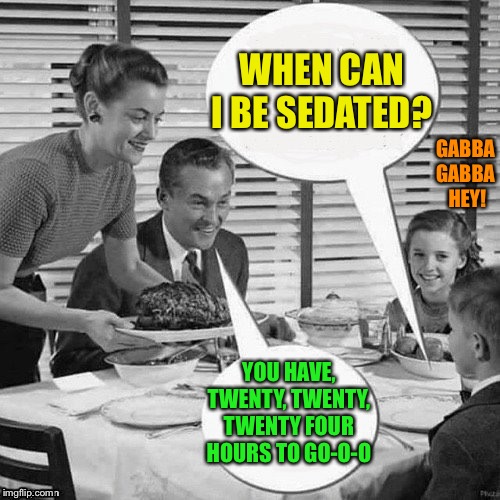 Vintage Family Dinner | WHEN CAN I BE SEDATED? YOU HAVE, TWENTY, TWENTY, TWENTY FOUR HOURS TO GO-O-O GABBA GABBA  HEY! | image tagged in vintage family dinner | made w/ Imgflip meme maker