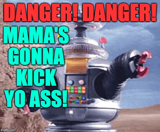 Danger Will Robinson | DANGER! DANGER! MAMA'S GONNA KICK YO ASS! | image tagged in danger will robinson | made w/ Imgflip meme maker