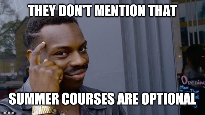Roll Safe Think About It Meme | THEY DON'T MENTION THAT SUMMER COURSES ARE OPTIONAL | image tagged in memes,roll safe think about it | made w/ Imgflip meme maker
