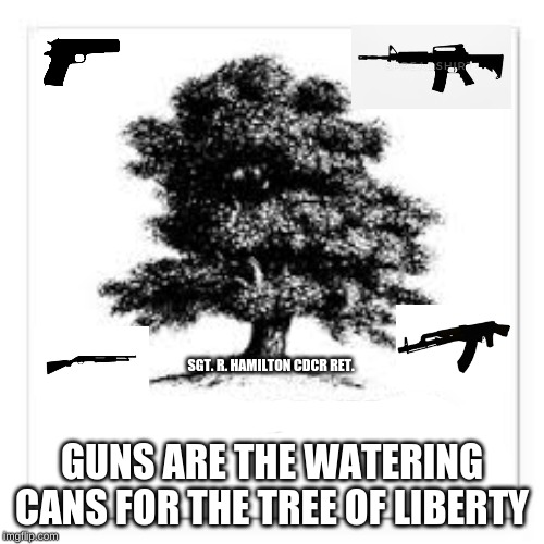 SGT. R. HAMILTON CDCR RET. GUNS ARE THE WATERING CANS FOR THE TREE OF LIBERTY | image tagged in gun control | made w/ Imgflip meme maker