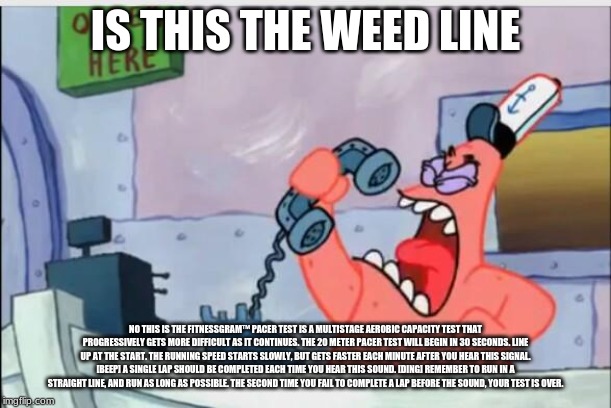 NO THIS IS PATRICK | IS THIS THE WEED LINE; NO THIS IS THE FITNESSGRAM™ PACER TEST IS A MULTISTAGE AEROBIC CAPACITY TEST THAT PROGRESSIVELY GETS MORE DIFFICULT AS IT CONTINUES. THE 20 METER PACER TEST WILL BEGIN IN 30 SECONDS. LINE UP AT THE START. THE RUNNING SPEED STARTS SLOWLY, BUT GETS FASTER EACH MINUTE AFTER YOU HEAR THIS SIGNAL. [BEEP] A SINGLE LAP SHOULD BE COMPLETED EACH TIME YOU HEAR THIS SOUND. [DING] REMEMBER TO RUN IN A STRAIGHT LINE, AND RUN AS LONG AS POSSIBLE. THE SECOND TIME YOU FAIL TO COMPLETE A LAP BEFORE THE SOUND, YOUR TEST IS OVER. | image tagged in no this is patrick | made w/ Imgflip meme maker