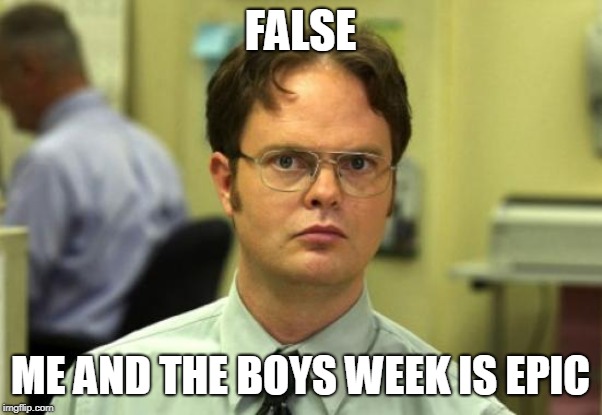 Dwight Schrute Meme | FALSE ME AND THE BOYS WEEK IS EPIC | image tagged in memes,dwight schrute | made w/ Imgflip meme maker