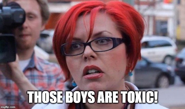 Angry Feminist | THOSE BOYS ARE TOXIC! | image tagged in angry feminist | made w/ Imgflip meme maker
