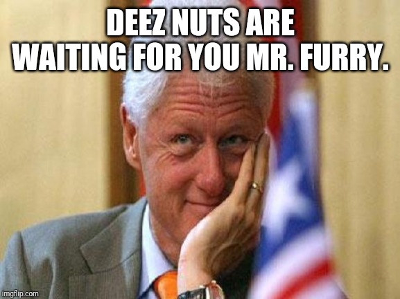 smiling bill clinton | DEEZ NUTS ARE WAITING FOR YOU MR. FURRY. | image tagged in smiling bill clinton | made w/ Imgflip meme maker