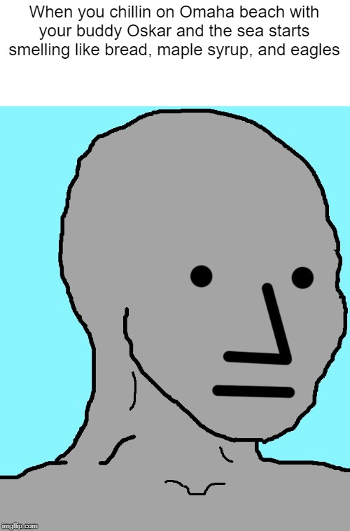 NPC | When you chillin on Omaha beach with your buddy Oskar and the sea starts smelling like bread, maple syrup, and eagles | image tagged in memes,npc | made w/ Imgflip meme maker
