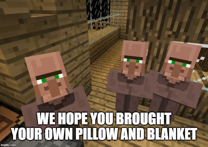 Minecraft Villagers | WE HOPE YOU BROUGHT YOUR OWN PILLOW AND BLANKET | image tagged in minecraft villagers | made w/ Imgflip meme maker