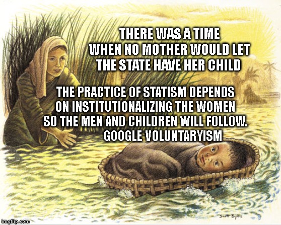 Moses | THERE WAS A TIME WHEN NO MOTHER WOULD LET THE STATE HAVE HER CHILD; THE PRACTICE OF STATISM DEPENDS ON INSTITUTIONALIZING THE WOMEN SO THE MEN AND CHILDREN WILL FOLLOW.                  GOOGLE VOLUNTARYISM | image tagged in moses | made w/ Imgflip meme maker