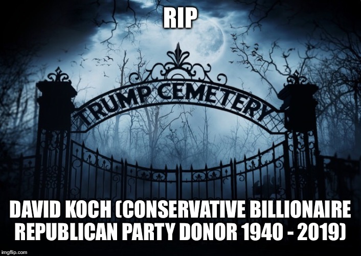 Rip David Koch | RIP; DAVID KOCH (CONSERVATIVE BILLIONAIRE REPUBLICAN PARTY DONOR 1940 - 2019) | image tagged in david koch,rip,conservative,republican party donor,koch brothers,trump cemetery | made w/ Imgflip meme maker