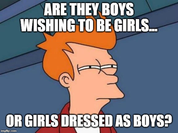 Futurama Fry Meme | ARE THEY BOYS WISHING TO BE GIRLS... OR GIRLS DRESSED AS BOYS? | image tagged in memes,futurama fry | made w/ Imgflip meme maker