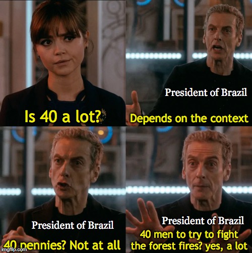 Is Four A Lot | President of Brazil; Is 40 a lot? Depends on the context; President of Brazil; President of Brazil; 40 men to try to fight the forest fires? yes, a lot; 40 pennies? Not at all | image tagged in is four a lot | made w/ Imgflip meme maker
