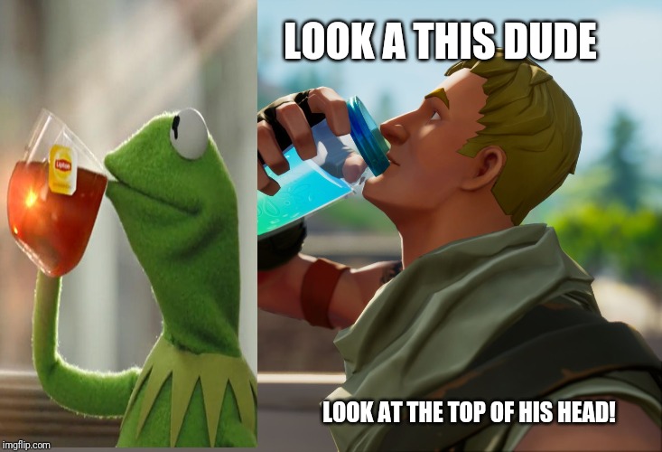 Fortnite the frog | LOOK A THIS DUDE; LOOK AT THE TOP OF HIS HEAD! | image tagged in fortnite the frog | made w/ Imgflip meme maker