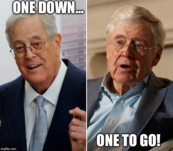 Koch Brothers |  ONE DOWN... ONE TO GO! | image tagged in koch brothers | made w/ Imgflip meme maker