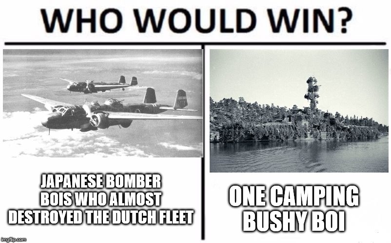 World War 2 Who Would Win? | JAPANESE BOMBER BOIS WHO ALMOST DESTROYED THE DUTCH FLEET; ONE CAMPING BUSHY BOI | image tagged in memes,who would win,ww2 | made w/ Imgflip meme maker