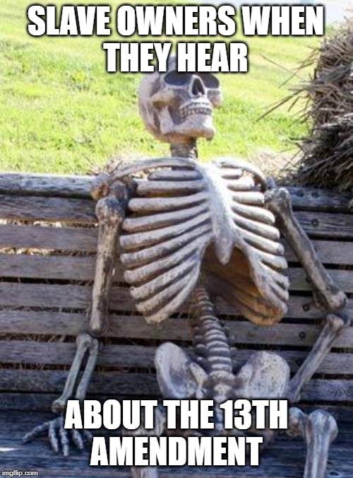 Waiting Skeleton | SLAVE OWNERS WHEN
THEY HEAR; ABOUT THE 13TH
AMENDMENT | image tagged in memes,waiting skeleton | made w/ Imgflip meme maker