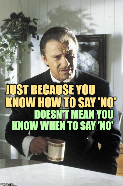 The More You No | JUST BECAUSE YOU KNOW HOW TO SAY 'NO'; DOESN'T MEAN YOU KNOW WHEN TO SAY 'NO' | image tagged in mr wolf,just say no,good advice,so true memes,just because,the more you know | made w/ Imgflip meme maker