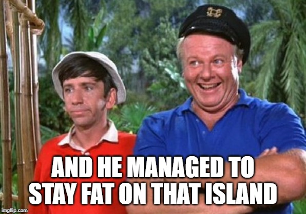 Gilligan and Skipper | AND HE MANAGED TO STAY FAT ON THAT ISLAND | image tagged in gilligan and skipper | made w/ Imgflip meme maker