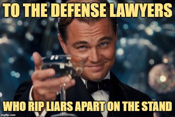 Cheers to Defense Lawyers | TO THE DEFENSE LAWYERS; WHO RIP LIARS APART ON THE STAND | image tagged in leonardo dicaprio cheers,lawyers,liars,well done,courtroom,so true memes | made w/ Imgflip meme maker