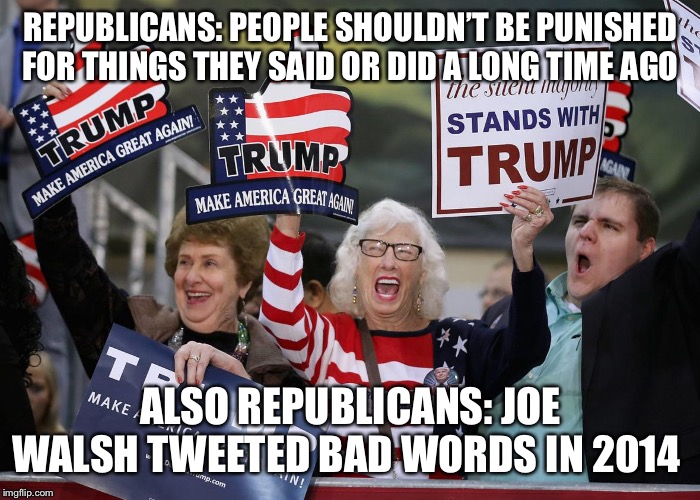 Trump Supporter | REPUBLICANS: PEOPLE SHOULDN’T BE PUNISHED FOR THINGS THEY SAID OR DID A LONG TIME AGO; ALSO REPUBLICANS: JOE WALSH TWEETED BAD WORDS IN 2014 | image tagged in trump supporter | made w/ Imgflip meme maker