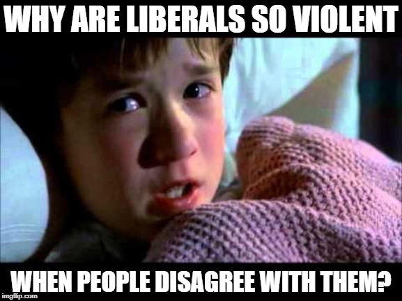 Why are liberals so violent when people disagree with them? | WHY ARE LIBERALS SO VIOLENT; WHEN PEOPLE DISAGREE WITH THEM? | image tagged in i see dead people,violent liberals,political memes,snowflakes,democrats,the sixth sense | made w/ Imgflip meme maker