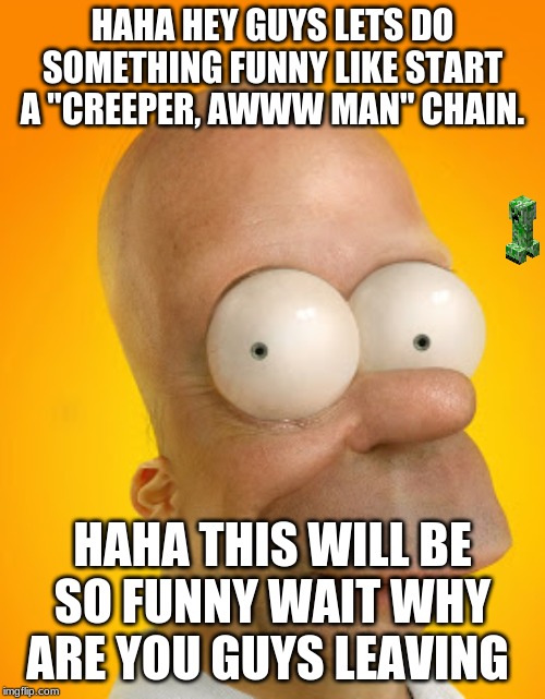 Funny haha | HAHA HEY GUYS LETS DO SOMETHING FUNNY LIKE START A "CREEPER, AWWW MAN" CHAIN. HAHA THIS WILL BE SO FUNNY WAIT WHY ARE YOU GUYS LEAVING | image tagged in irony | made w/ Imgflip meme maker
