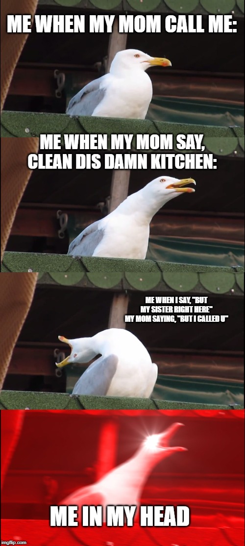 Inhaling Seagull | ME WHEN MY MOM CALL ME:; ME WHEN MY MOM SAY, CLEAN DIS DAMN KITCHEN:; ME WHEN I SAY, "BUT MY SISTER RIGHT HERE"
MY MOM SAYING, "BUT I CALLED U"; ME IN MY HEAD | image tagged in memes,inhaling seagull | made w/ Imgflip meme maker