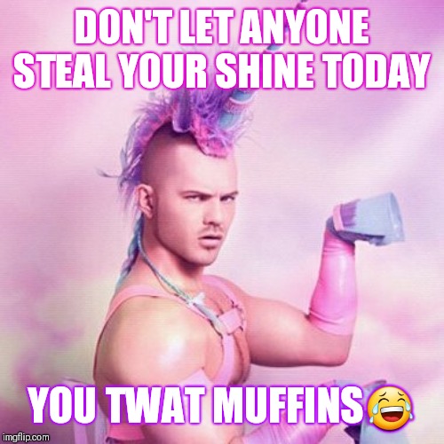 Unicorn MAN | DON'T LET ANYONE STEAL YOUR SHINE TODAY; YOU TWAT MUFFINS😂 | image tagged in memes,unicorn man | made w/ Imgflip meme maker