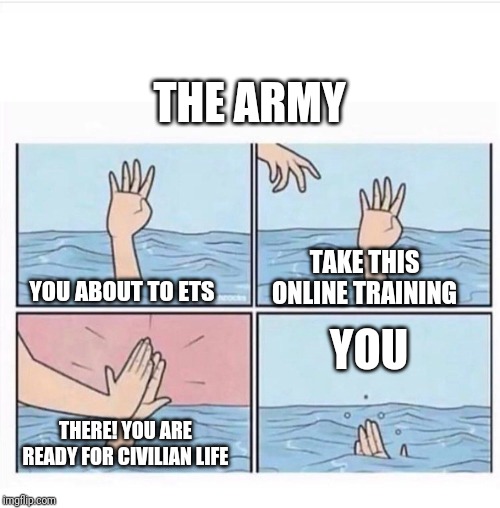 Drowning highfive | THE ARMY; YOU ABOUT TO ETS; TAKE THIS ONLINE TRAINING; YOU; THERE! YOU ARE READY FOR CIVILIAN LIFE | image tagged in drowning highfive | made w/ Imgflip meme maker