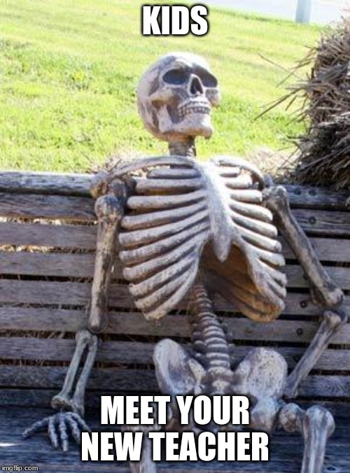 Waiting Skeleton | KIDS; MEET YOUR NEW TEACHER | image tagged in memes,waiting skeleton | made w/ Imgflip meme maker