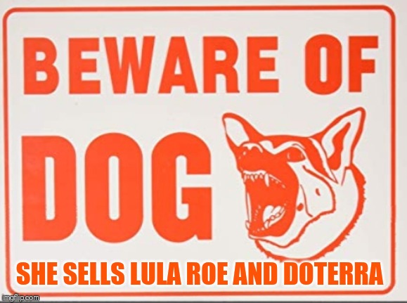 Beware of dog sign | SHE SELLS LULA ROE AND DOTERRA | image tagged in beware of dog sign,memes | made w/ Imgflip meme maker