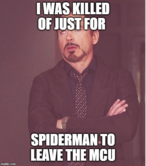 Face You Make Robert Downey Jr Meme | I WAS KILLED OF JUST FOR; SPIDERMAN TO LEAVE THE MCU | image tagged in memes,face you make robert downey jr | made w/ Imgflip meme maker