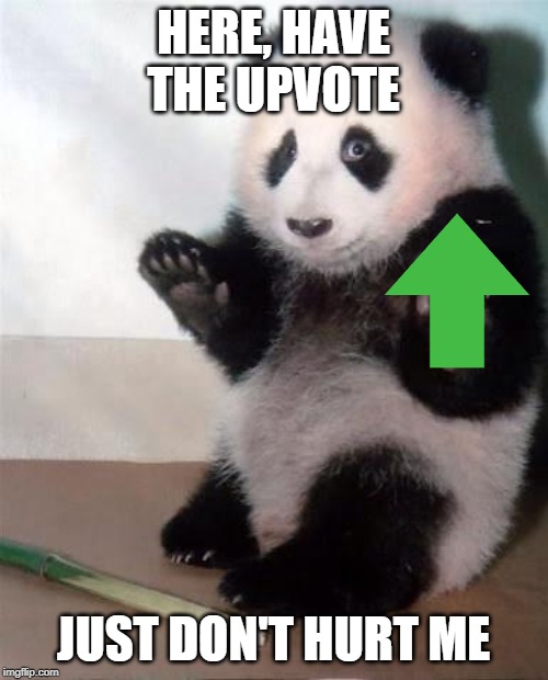 Hands Up panda | HERE, HAVE THE UPVOTE JUST DON'T HURT ME | image tagged in hands up panda | made w/ Imgflip meme maker