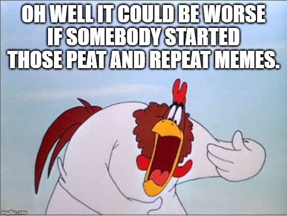 foghorn | OH WELL IT COULD BE WORSE
IF SOMEBODY STARTED THOSE PEAT AND REPEAT MEMES. | image tagged in foghorn | made w/ Imgflip meme maker