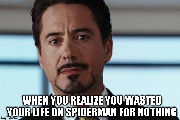 tony stark | WHEN YOU REALIZE YOU WASTED YOUR LIFE ON SPIDERMAN FOR NOTHING | image tagged in tony stark | made w/ Imgflip meme maker