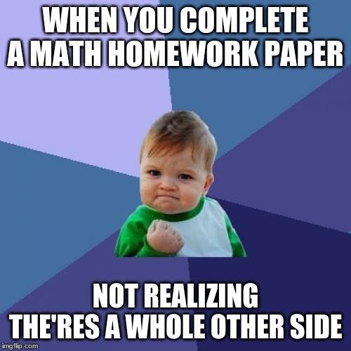 Success Kid Meme | WHEN YOU COMPLETE A MATH HOMEWORK PAPER; NOT REALIZING THE'RES A WHOLE OTHER SIDE | image tagged in memes,success kid | made w/ Imgflip meme maker