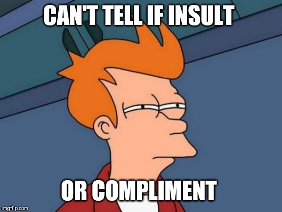Futurama Fry Meme | CAN'T TELL IF INSULT; OR COMPLIMENT | image tagged in memes,futurama fry | made w/ Imgflip meme maker