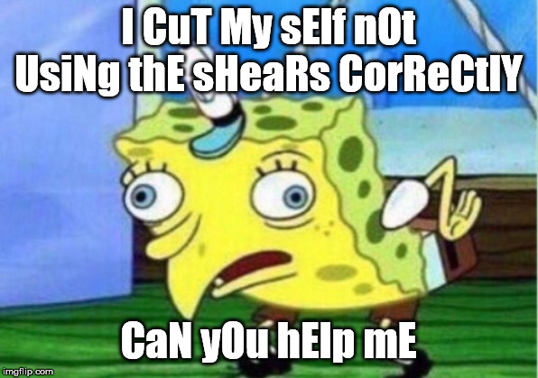 Mocking Spongebob | I CuT My sElf nOt UsiNg thE sHeaRs CorReCtlY; CaN yOu hElp mE | image tagged in memes,mocking spongebob | made w/ Imgflip meme maker