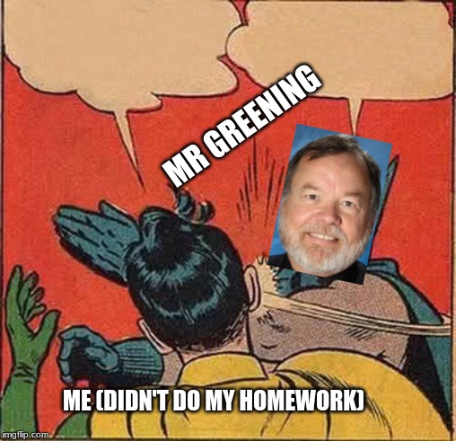 Batman Slapping Robin | MR GREENING; ME (DIDN'T DO MY HOMEWORK) | image tagged in memes,batman slapping robin | made w/ Imgflip meme maker