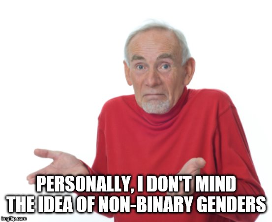 Guess I'll die  | PERSONALLY, I DON'T MIND THE IDEA OF NON-BINARY GENDERS | image tagged in guess i'll die | made w/ Imgflip meme maker